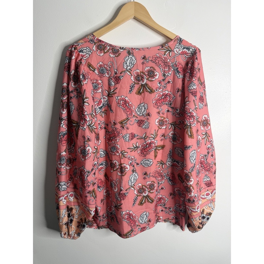 NEW Boho Floral Peasant Blouse Tie Neck Long Sleeve Coral Pink XL Flowy Spring - Picture 3 of 8
